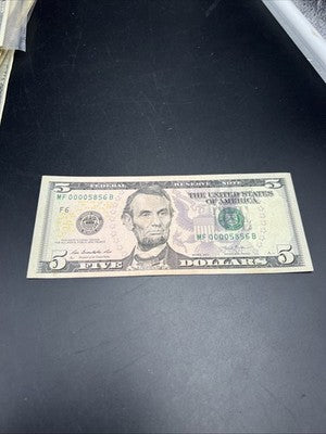 2013 $5 FRN Federal Reserve Note Fine Circ Low Serial #00005856