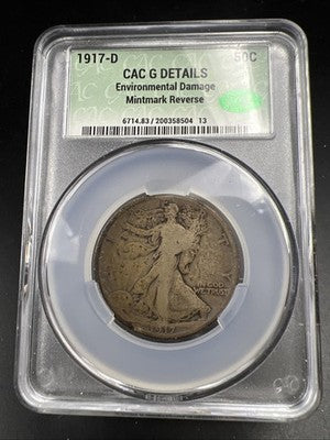 1917 D 50c Walking Liberty Silver Half Dollar Coin CAC G Details
