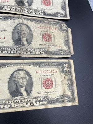 Lot of 5 1963 1953 $2 Two Dollar Red Seal USN Notes Very Circulated Damage #52