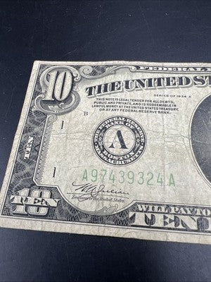 1934 A $10 FRN Ten Dollars Federal Reserve Note VG Circ #324