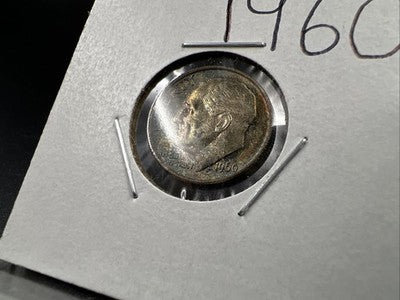 1960 P 10c Roosevelt Silver Dime Coin Neat Blue Toning Toner XF EF Extra Fine