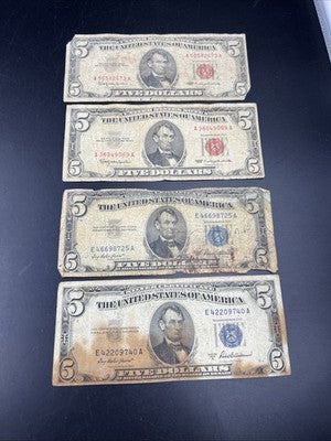 $5 Bill Collector's Lot 2 1963 $5 USN & 2 1953 $5 Silver Certificates Very Circ