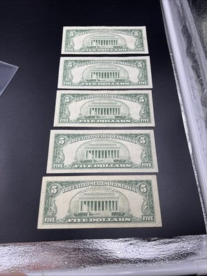 Lot of 5 1963 $5 USN United States Notes Five Dollar Bills Red Seal VF Very Fine