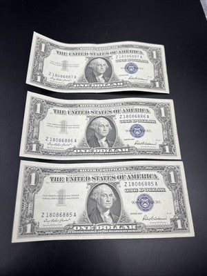 3 Consecutive 1957 $1 One Dollar US Silver Certificate Blue Seal Bills CH VF #85