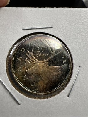 1965 Canada 25 Cents Silver Coin PQ Toning Toner Uncirculated