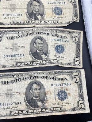 $5 Bill collector's Lot 10 US Bills - 5 USN Red Seals & 5 Silver Certificates