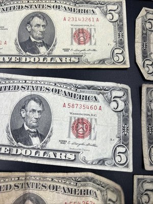 $5 Bill collector's Lot 10 US Bills - 5 USN Red Seals & 5 Silver Certificates