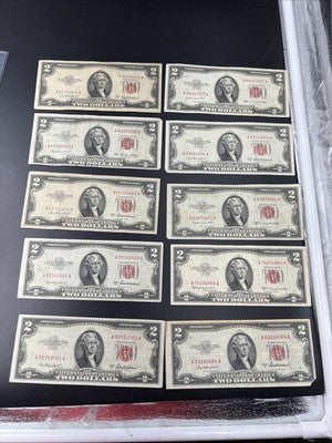 Lot of 10 1953 $2 USN Red Seal Legal Tender Bills VG Very Good + Circ #761