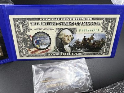 Crossing the Delaware Enhanced 25c & 2017 1 One Dollar Federal Reserve Note Unc