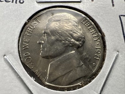 1971 D 5c Jefferson Double Clipped Error & Die Crack AU Circ