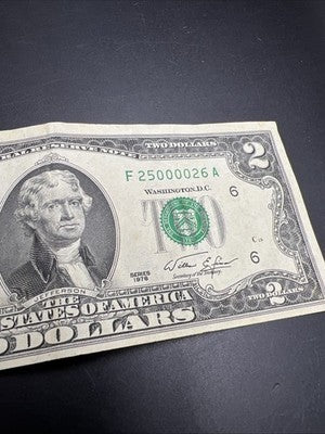 1976 $2 Bicentennial Federal Reserve Note VF Semi Radar Serial #25000026