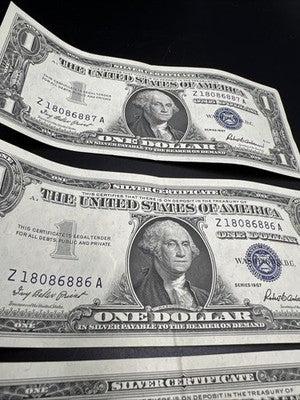 3 Consecutive 1957 $1 One Dollar US Silver Certificate Blue Seal Bills CH VF #85
