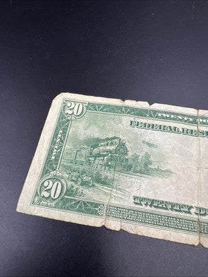 1914 $20 Large Size Twenty Dollar Federal Reserve Note Very Circulated Damaged