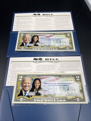 2 Consecutive 2017 $2 FRN Biden Harris Presidential Colorized UNC Two Dollars #1