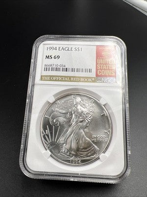 1994 1 Oz ASE American Silver Eagle MS69 NGC Red Book Holder #034