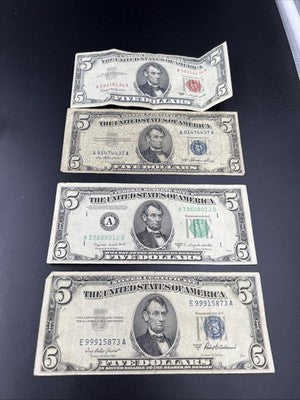 $5 Bill Collectors Lot 2x 1953 $5 Silver Certificate 1950 C FRN & 1963 USN Circ