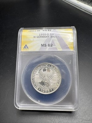 1955 G 5M West Germany Baden 5 Five Marks Silver Coin ANACS MS62 #041