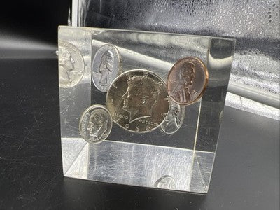 Coin Cube 1964 5 Coin UNC Set w/ Silver 50c 10c 25c In Clear Plastic Paperweight