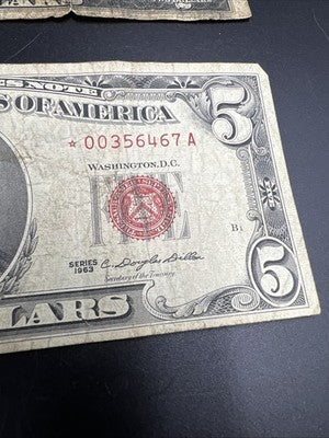 Star * Note Collector's Lot 1953 $2 & 1963 $5 USN Red Seal Notes Very Circ #67