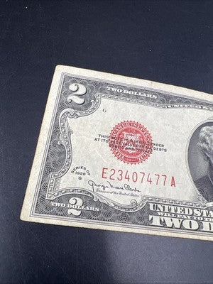 1928 G $2 Two Dollar Legal Tender US Red Seal Note Fine Circ #477