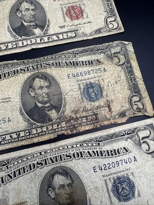 $5 Bill Collector's Lot 2 1963 $5 USN & 2 1953 $5 Silver Certificates Very Circ