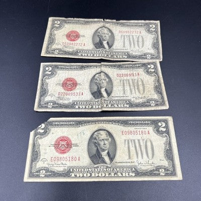 Lot of 3 1928 $2 Two Dollar USN United States Notes Red Seal Very Circ #180