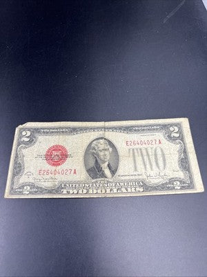 1928 G $2 Two Dollar Legal Tender United States Red Seal Note Very Circ #027