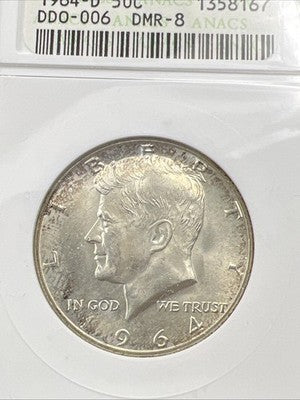 1964 D 50c Kennedy FS-106 Half Dollar Coin Double Die Obverse DDO 006 ANACS MS64