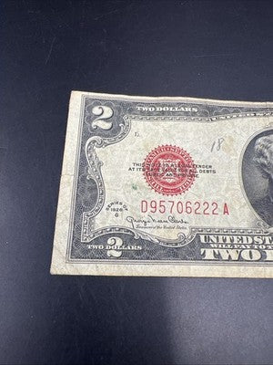 1928 G $2 Two Dollar Legal Tender United States Red Seal Note VG Circ #6222