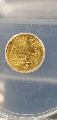 1857 Type 3 Princess Head Gold G$1 Dollar Coin ANACS AU Details Damaged Bent
