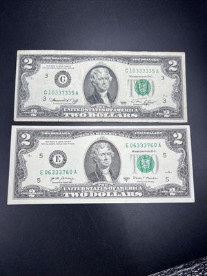 $2 Bill Collector's Lot Lucky 333s repeat Serial # 1976 $2 & 2017 $2 Bills Circ
