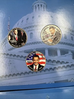 Lot of 9 Barack Obama Colorized US UNC Coins in Boxes Display Folders