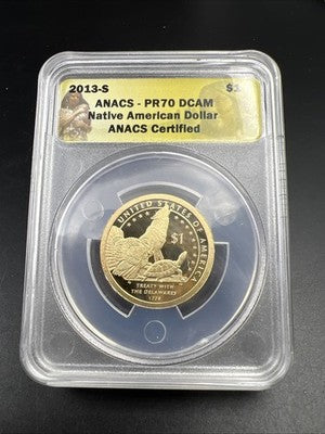 2013 S $1 Sacagawea Native Delawares Treaty Dollar Gem Proof ANACS PR70 DCAM