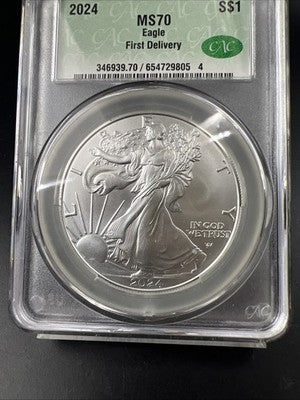2024 1 Oz American Silver Eagle Coin CAC MS70 Gem UNC First Delivery #805