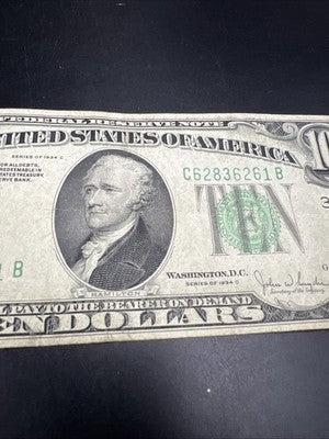 1934 A $10 FRN Ten Dollars Federal Reserve Note Fine Circ #61