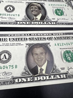 Lot of 2 2003 US $1 FRN UNC Details Bush Kerry Portrait Overlay 2004 Election