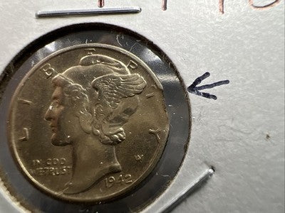 1942 P 10c Mercury Dime Coin Clipped Planchet Error AU