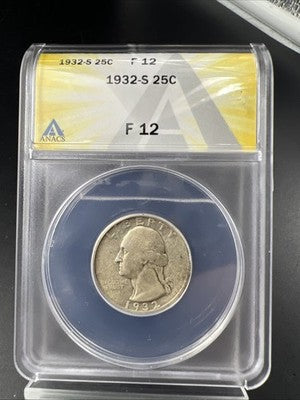 1932 S 25c Washington Silver Quarter Coin ANACS F12 Fine Key Date #703