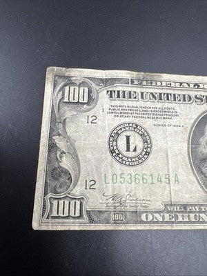 1934 A Mule $100 FRN Federal Reserve Note San Francisco District VG Circ #145