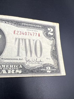 1928 G $2 Two Dollar Legal Tender US Red Seal Note Fine Circ #477
