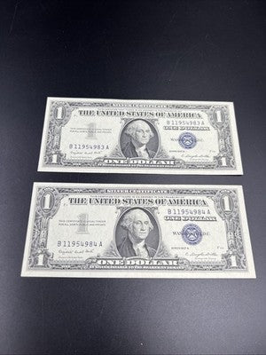 2 Consecutive 1957 A $1 One Dollar Blue Seal Silver Certificates CH AU / UNC #84