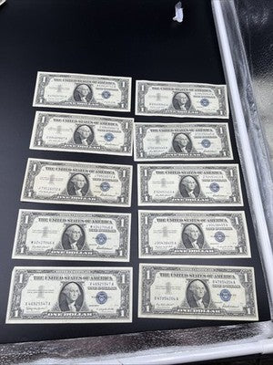 Lot of 10 1957 $1 Dollar Silver Certificate Blue Seal Notes Very Fine VF Circ #7