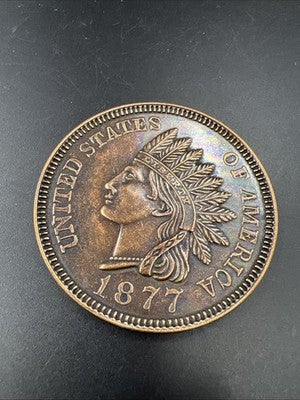 Large 3 Inch Novelty Pewter Coin/Coaster/Paperweight 1877 Indian Cent