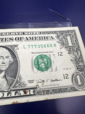 2009 $1 FRN Federal Reserve Note Lucky Serial Number 77735666 Fine Details