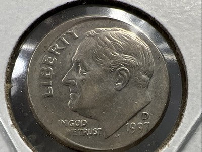 Off Center Broadstrike 1997 D 10c Roosevelt Dime Coin XF EF Extra Fine Circ