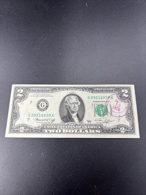 1976 $2 Two Dollar Bicentennial Bill Brookyln NY Postmarked (no Stamp) UNC #939