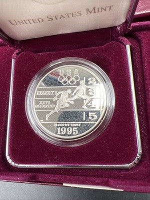 1995 Atlanta Olympics Runner Proof Silver Dollar Coin OGP Some Toning