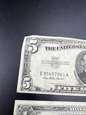 2 Note Lot 1957 1953 $1 & $5 Silver Certificates VG / F conditions #253