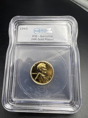 1943 1c Lincoln Steel Wheat Cent Penny Coin ICG 24K Plated