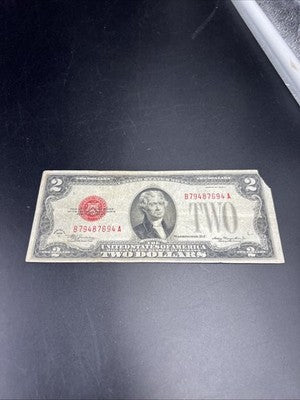 1928 C $2 USN United States Note Red Seal Fine Details Corner Tear #94